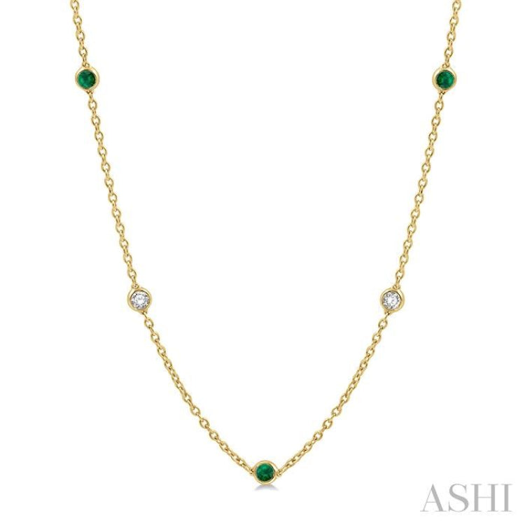 2.85 MM Emerald and 1/2 Ctw Round Cut Diamond Precious Station Necklace in 14K Yellow Gold 2.85 MM Emerald and 1/2 Ctw Round Cut Diamond Precious Station Necklace in 14K Yellow Gold