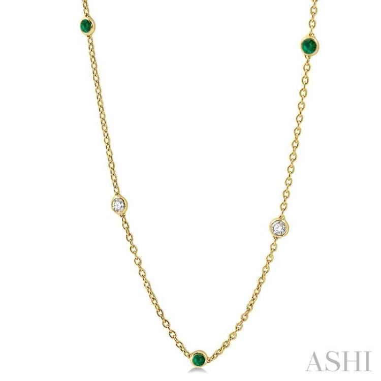 2.85 MM Emerald and 1/2 Ctw Round Cut Diamond Precious Station Necklace in 14K Yellow Gold 2.85 MM Emerald and 1/2 Ctw Round Cut Diamond Precious Station Necklace in 14K Yellow Gold