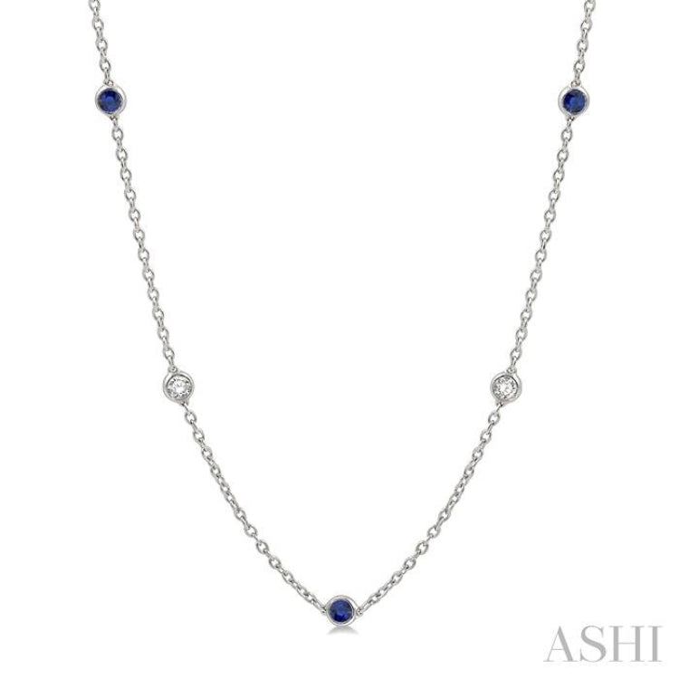 2.85 MM Sapphire and 1/2 Ctw Round Cut Diamond Precious Station Necklace in 14K White Gold 2.85 MM Sapphire and 1/2 Ctw Round Cut Diamond Precious Station Necklace in 14K White Gold