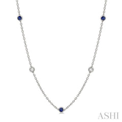 2.85 MM Sapphire and 1/2 Ctw Round Cut Diamond Precious Station Necklace in 14K White Gold 2.85 MM Sapphire and 1/2 Ctw Round Cut Diamond Precious Station Necklace in 14K White Gold