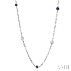 2.85 MM Sapphire and 1/2 Ctw Round Cut Diamond Precious Station Necklace in 14K White Gold 2.85 MM Sapphire and 1/2 Ctw Round Cut Diamond Precious Station Necklace in 14K White Gold