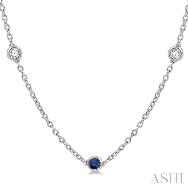 2.85 MM Sapphire and 1/2 Ctw Round Cut Diamond Precious Station Necklace in 14K White Gold 2.85 MM Sapphire and 1/2 Ctw Round Cut Diamond Precious Station Necklace in 14K White Gold