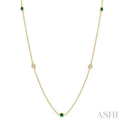 2.25 MM Emerald and 1/4 Ctw Round Cut Diamond Precious Station Necklace in 14K Yellow Gold 2.25 MM Emerald and 1/4 Ctw Round Cut Diamond Precious Station Necklace in 14K Yellow Gold