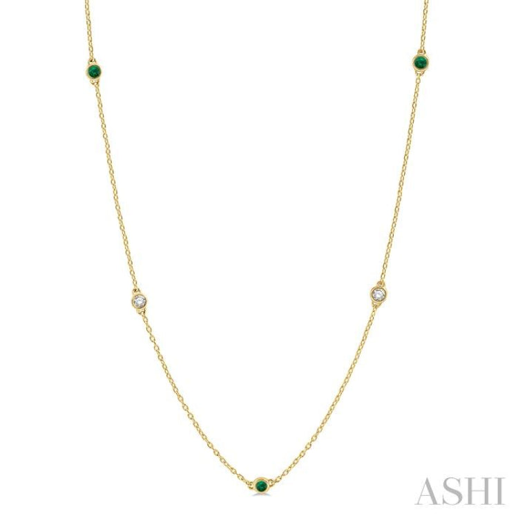 2.6 MM Emerald and 3/8 Ctw Round Cut Diamond Precious Station Necklace in 14K Yellow Gold 2.6 MM Emerald and 3/8 Ctw Round Cut Diamond Precious Station Necklace in 14K Yellow Gold