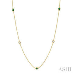 2.6 MM Emerald and 3/8 Ctw Round Cut Diamond Precious Station Necklace in 14K Yellow Gold 2.6 MM Emerald and 3/8 Ctw Round Cut Diamond Precious Station Necklace in 14K Yellow Gold