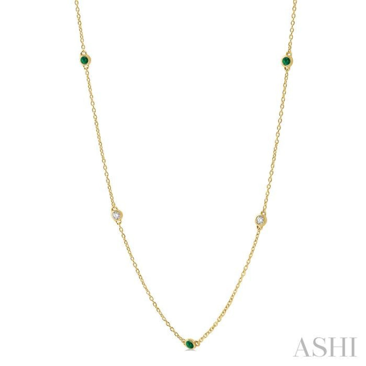 2.6 MM Emerald and 3/8 Ctw Round Cut Diamond Precious Station Necklace in 14K Yellow Gold 2.6 MM Emerald and 3/8 Ctw Round Cut Diamond Precious Station Necklace in 14K Yellow Gold
