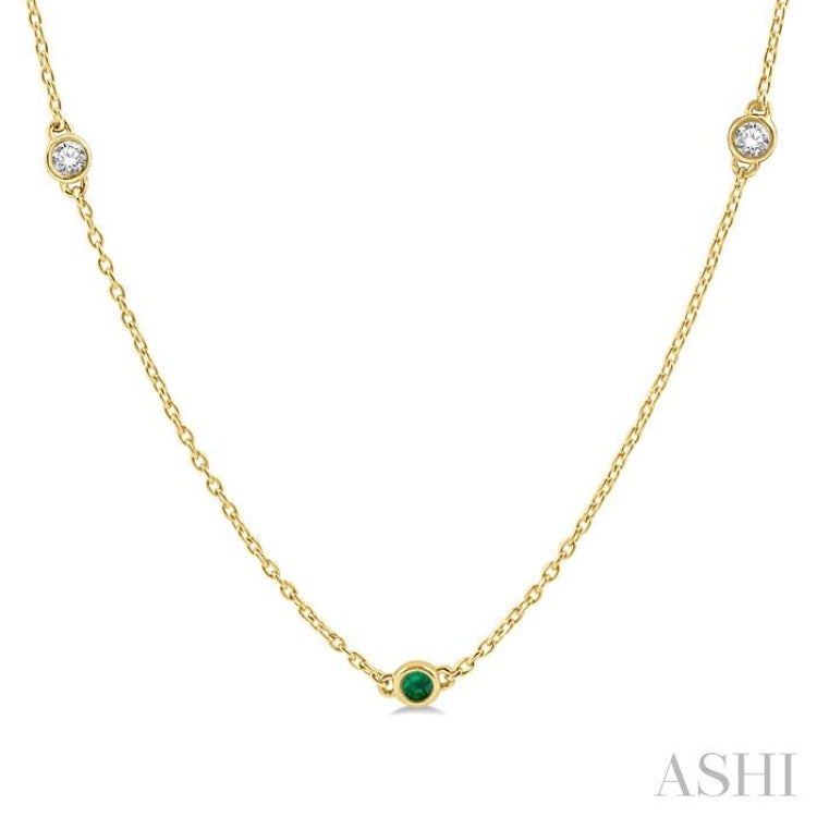 2.6 MM Emerald and 3/8 Ctw Round Cut Diamond Precious Station Necklace in 14K Yellow Gold 2.6 MM Emerald and 3/8 Ctw Round Cut Diamond Precious Station Necklace in 14K Yellow Gold