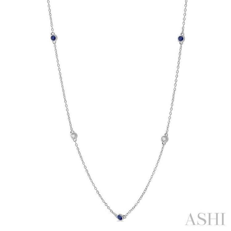 2.6 MM Sapphire and 3/8 Ctw Round Cut Diamond Precious Station Necklace in 14K White Gold 2.6 MM Sapphire and 3/8 Ctw Round Cut Diamond Precious Station Necklace in 14K White Gold