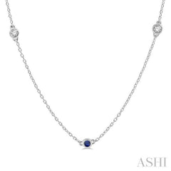 2.6 MM Sapphire and 3/8 Ctw Round Cut Diamond Precious Station Necklace in 14K White Gold 2.6 MM Sapphire and 3/8 Ctw Round Cut Diamond Precious Station Necklace in 14K White Gold