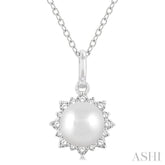 6 MM Round Shape Cultured Pearl and 1/10 Ctw Petite Sun Round Cut Diamond Fashion Pendant With Chain in 10K White Gold