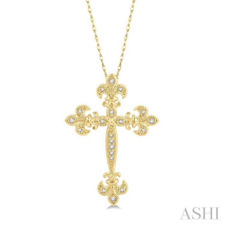 1/10 Ctw Fleur De Lis Round Cut Diamond Cross Pendant With Chain in 10K Yellow Gold 1/10 Ctw Fleur De Lis Round Cut Diamond Cross Pendant With Chain in 10K Yellow Gold