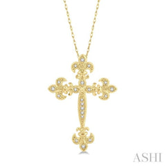 1/10 Ctw Fleur De Lis Round Cut Diamond Cross Pendant With Chain in 10K Yellow Gold 1/10 Ctw Fleur De Lis Round Cut Diamond Cross Pendant With Chain in 10K Yellow Gold
