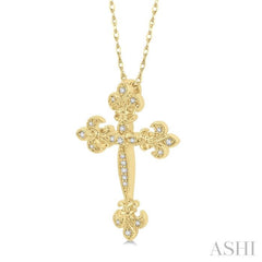 1/10 Ctw Fleur De Lis Round Cut Diamond Cross Pendant With Chain in 10K Yellow Gold 1/10 Ctw Fleur De Lis Round Cut Diamond Cross Pendant With Chain in 10K Yellow Gold