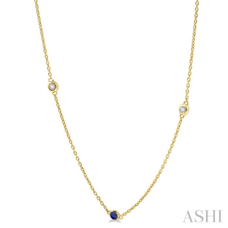 1.75 MM Sapphire and 1/6 Ctw Round Cut Diamond Precious Station Necklace in 14K Yellow Gold 1.75 MM Sapphire and 1/6 Ctw Round Cut Diamond Precious Station Necklace in 14K Yellow Gold