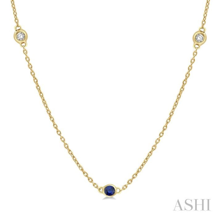 1.75 MM Sapphire and 1/6 Ctw Round Cut Diamond Precious Station Necklace in 14K Yellow Gold 1.75 MM Sapphire and 1/6 Ctw Round Cut Diamond Precious Station Necklace in 14K Yellow Gold