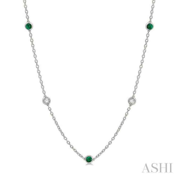 2.85 MM Emerald and 1/2 Ctw Round Cut Diamond Precious Station Necklace in 14K White Gold 2.85 MM Emerald and 1/2 Ctw Round Cut Diamond Precious Station Necklace in 14K White Gold