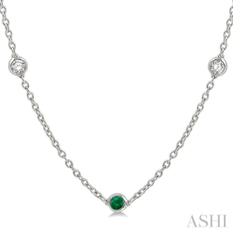 2.85 MM Emerald and 1/2 Ctw Round Cut Diamond Precious Station Necklace in 14K White Gold 2.85 MM Emerald and 1/2 Ctw Round Cut Diamond Precious Station Necklace in 14K White Gold