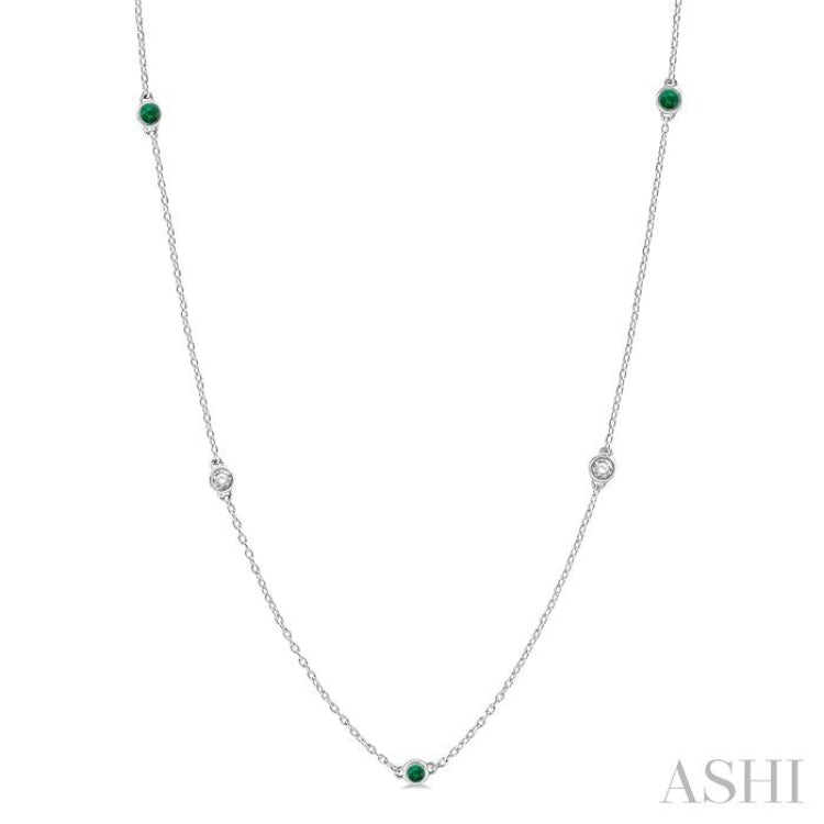 2.6 MM Emerald and 3/8 Ctw Round Cut Diamond Precious Station Necklace in 14K White Gold 2.6 MM Emerald and 3/8 Ctw Round Cut Diamond Precious Station Necklace in 14K White Gold