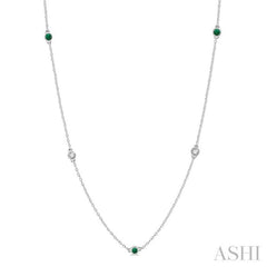 2.6 MM Emerald and 3/8 Ctw Round Cut Diamond Precious Station Necklace in 14K White Gold 2.6 MM Emerald and 3/8 Ctw Round Cut Diamond Precious Station Necklace in 14K White Gold
