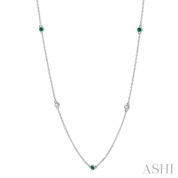 2.6 MM Emerald and 3/8 Ctw Round Cut Diamond Precious Station Necklace in 14K White Gold 2.6 MM Emerald and 3/8 Ctw Round Cut Diamond Precious Station Necklace in 14K White Gold