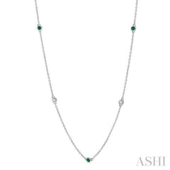 2.6 MM Emerald and 3/8 Ctw Round Cut Diamond Precious Station Necklace in 14K White Gold 2.6 MM Emerald and 3/8 Ctw Round Cut Diamond Precious Station Necklace in 14K White Gold