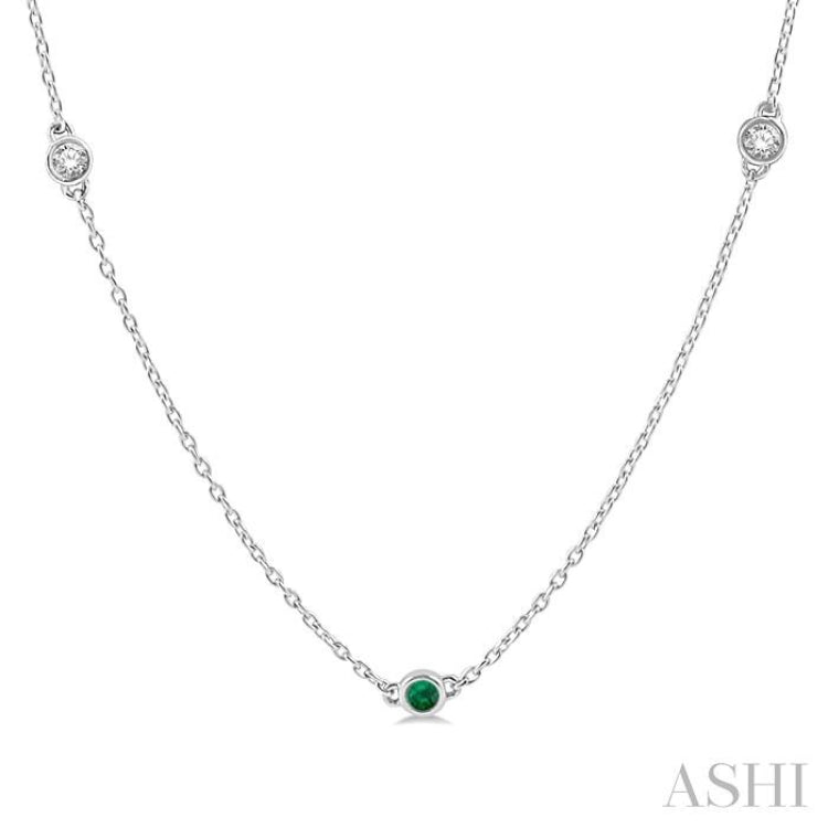 2.6 MM Emerald and 3/8 Ctw Round Cut Diamond Precious Station Necklace in 14K White Gold 2.6 MM Emerald and 3/8 Ctw Round Cut Diamond Precious Station Necklace in 14K White Gold