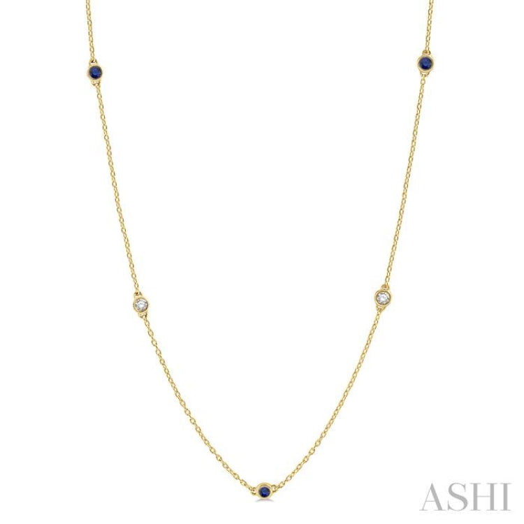 2.6 MM Sapphire and 3/8 Ctw Round Cut Diamond Precious Station Necklace in 14K Yellow Gold 2.6 MM Sapphire and 3/8 Ctw Round Cut Diamond Precious Station Necklace in 14K Yellow Gold