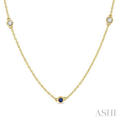 2.6 MM Sapphire and 3/8 Ctw Round Cut Diamond Precious Station Necklace in 14K Yellow Gold 2.6 MM Sapphire and 3/8 Ctw Round Cut Diamond Precious Station Necklace in 14K Yellow Gold
