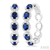 4X3 MM Oval Cut Sapphire and 1/2 Ctw Round Cut Diamond Halo Precious Hoop Earring in 14K White Gold