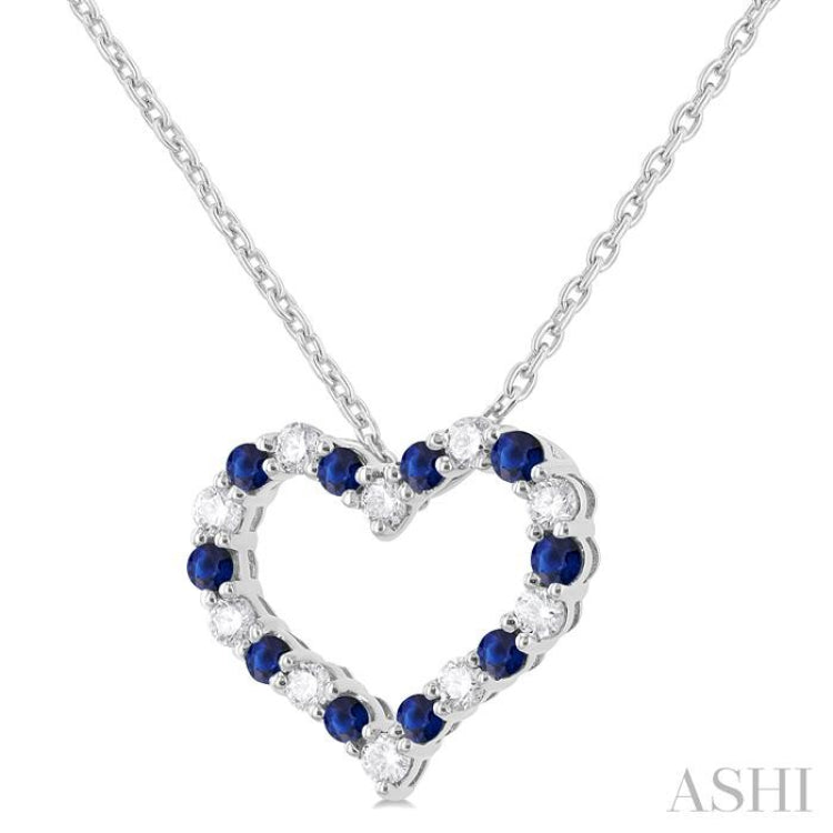 1.80 MM Round Cut Sapphire and 1/4 Ctw Open Heart Round Cut Diamond Precious Fashion Pendant With Chain in 14K White Gold 1.80 MM Round Cut Sapphire and 1/4 Ctw Open Heart Round Cut Diamond Precious Fashion Pendant With Chain in 14K White Gold