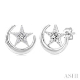 1/10 Ctw Petite Crescent Moon and Star Round Cut Diamond Fashion Stud Earring in 10K White Gold