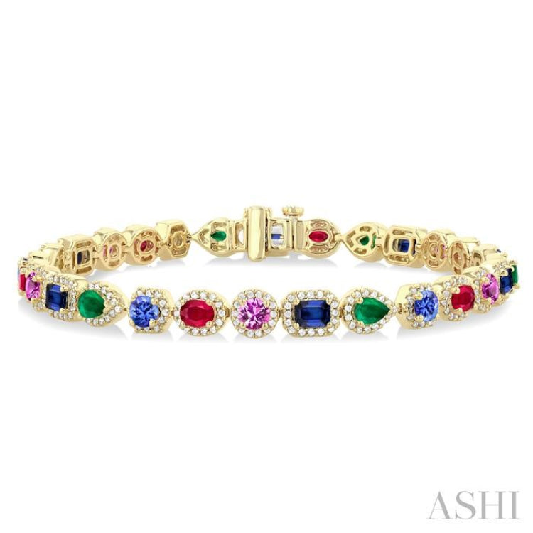 4X3 MM & 4 MM Mixed Shape Gemstone and 1 1/3 Ctw Round Cut Halo Diamond Bracelet in 14K Yellow Gold 4X3 MM & 4 MM Mixed Shape Gemstone and 1 1/3 Ctw Round Cut Halo Diamond Bracelet in 14K Yellow Gold