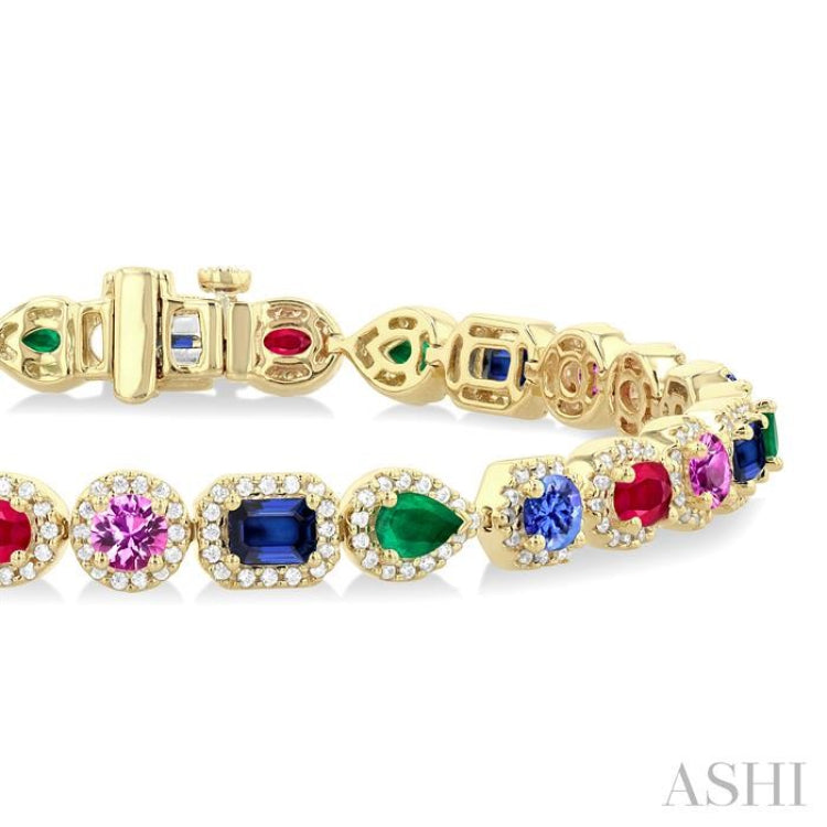 4X3 MM & 4 MM Mixed Shape Gemstone and 1 1/3 Ctw Round Cut Halo Diamond Bracelet in 14K Yellow Gold 4X3 MM & 4 MM Mixed Shape Gemstone and 1 1/3 Ctw Round Cut Halo Diamond Bracelet in 14K Yellow Gold