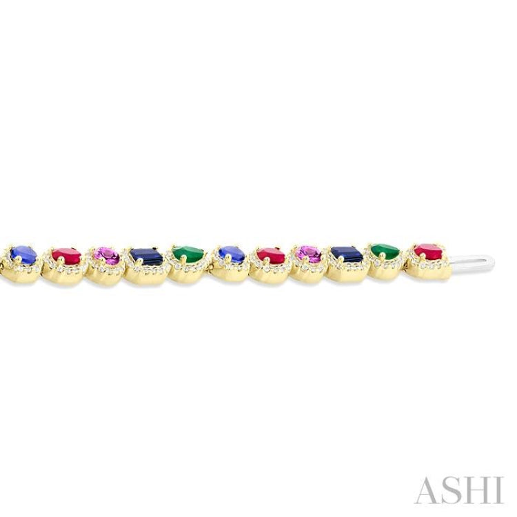 4X3 MM & 4 MM Mixed Shape Gemstone and 1 1/3 Ctw Round Cut Halo Diamond Bracelet in 14K Yellow Gold 4X3 MM & 4 MM Mixed Shape Gemstone and 1 1/3 Ctw Round Cut Halo Diamond Bracelet in 14K Yellow Gold