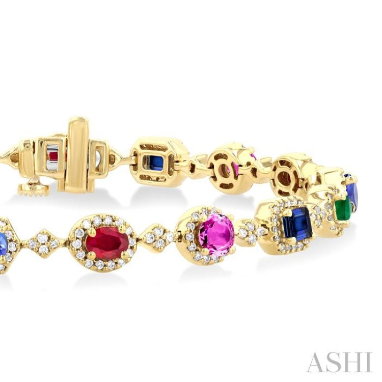 4X3 MM & 4 MM Mixed Shape Gemstone Rainbow and 1 Ctw Round Cut Diamond Halo Precious Tennis Bracelet in 14K Yellow Gold 4X3 MM & 4 MM Mixed Shape Gemstone Rainbow and 1 Ctw Round Cut Diamond Halo Precious Tennis Bracelet in 14K Yellow Gold