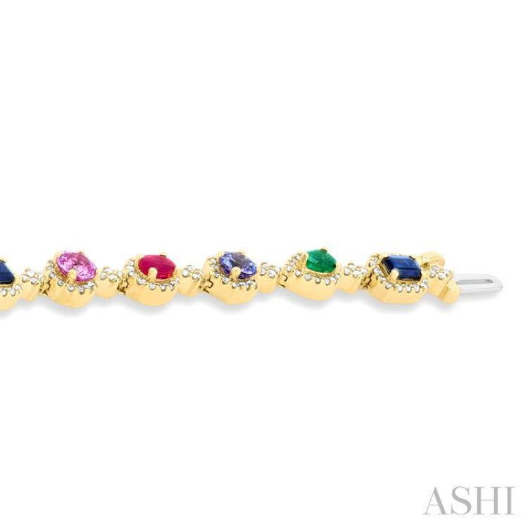 4X3 MM & 4 MM Mixed Shape Gemstone Rainbow and 1 Ctw Round Cut Diamond Halo Precious Tennis Bracelet in 14K Yellow Gold 4X3 MM & 4 MM Mixed Shape Gemstone Rainbow and 1 Ctw Round Cut Diamond Halo Precious Tennis Bracelet in 14K Yellow Gold