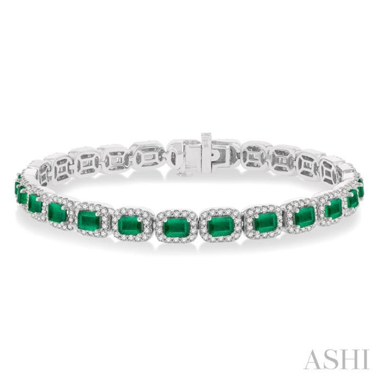 4X3 MM Emerald Cut Emerald and 2 1/5 Ctw Round Cut Diamond Halo Precious Bracelet in 14K White Gold 4X3 MM Emerald Cut Emerald and 2 1/5 Ctw Round Cut Diamond Halo Precious Bracelet in 14K White Gold