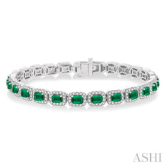 4X3 MM Emerald Cut Emerald and 2 1/5 Ctw Round Cut Diamond Halo Precious Bracelet in 14K White Gold 4X3 MM Emerald Cut Emerald and 2 1/5 Ctw Round Cut Diamond Halo Precious Bracelet in 14K White Gold