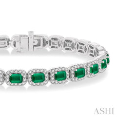 4X3 MM Emerald Cut Emerald and 2 1/5 Ctw Round Cut Diamond Halo Precious Bracelet in 14K White Gold 4X3 MM Emerald Cut Emerald and 2 1/5 Ctw Round Cut Diamond Halo Precious Bracelet in 14K White Gold