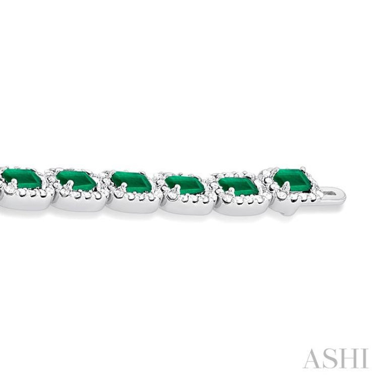 4X3 MM Emerald Cut Emerald and 2 1/5 Ctw Round Cut Diamond Halo Precious Bracelet in 14K White Gold 4X3 MM Emerald Cut Emerald and 2 1/5 Ctw Round Cut Diamond Halo Precious Bracelet in 14K White Gold