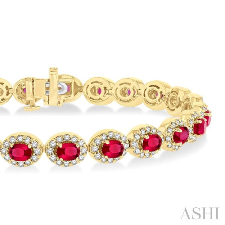 4X3 MM Oval Cut Ruby and 2 1/6 Ctw Round Cut Diamond Halo Precious Bracelet in 14K Yellow Gold 4X3 MM Oval Cut Ruby and 2 1/6 Ctw Round Cut Diamond Halo Precious Bracelet in 14K Yellow Gold