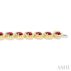 4X3 MM Oval Cut Ruby and 2 1/6 Ctw Round Cut Diamond Halo Precious Bracelet in 14K Yellow Gold 4X3 MM Oval Cut Ruby and 2 1/6 Ctw Round Cut Diamond Halo Precious Bracelet in 14K Yellow Gold