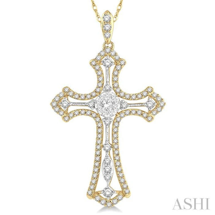 3/4 Ctw Lovebright Round Cut Diamond Cross Pendant in 14K Yellow and White Gold with chain 3/4 Ctw Lovebright Round Cut Diamond Cross Pendant in 14K Yellow and White Gold with chain