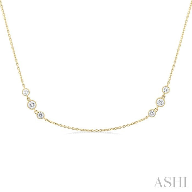 3/4 Ctw Three Stone Bezel Set Round Cut Diamond Station Necklace in 14K Yellow Gold 3/4 Ctw Three Stone Bezel Set Round Cut Diamond Station Necklace in 14K Yellow Gold