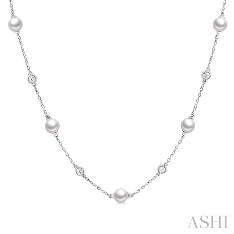 5 MM Round Shape Cultured Pearls and 1/4 Ctw Round Cut Diamond Station Necklace in 14K White Gold 5 MM Round Shape Cultured Pearls and 1/4 Ctw Round Cut Diamond Station Necklace in 14K White Gold