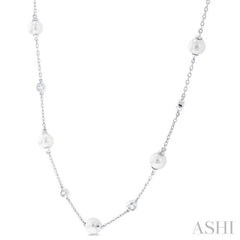 5 MM Round Shape Cultured Pearls and 1/4 Ctw Round Cut Diamond Station Necklace in 14K White Gold 5 MM Round Shape Cultured Pearls and 1/4 Ctw Round Cut Diamond Station Necklace in 14K White Gold