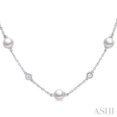 5 MM Round Shape Cultured Pearls and 1/4 Ctw Round Cut Diamond Station Necklace in 14K White Gold 5 MM Round Shape Cultured Pearls and 1/4 Ctw Round Cut Diamond Station Necklace in 14K White Gold