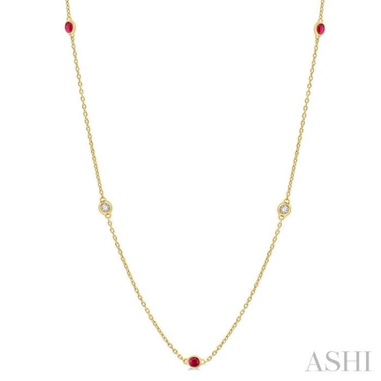 1.75 MM Ruby and 1/6 Ctw Round Cut Diamond Precious Station Necklace in 14K Yellow Gold 1.75 MM Ruby and 1/6 Ctw Round Cut Diamond Precious Station Necklace in 14K Yellow Gold