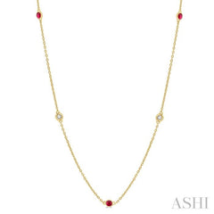 1.75 MM Ruby and 1/6 Ctw Round Cut Diamond Precious Station Necklace in 14K Yellow Gold 1.75 MM Ruby and 1/6 Ctw Round Cut Diamond Precious Station Necklace in 14K Yellow Gold