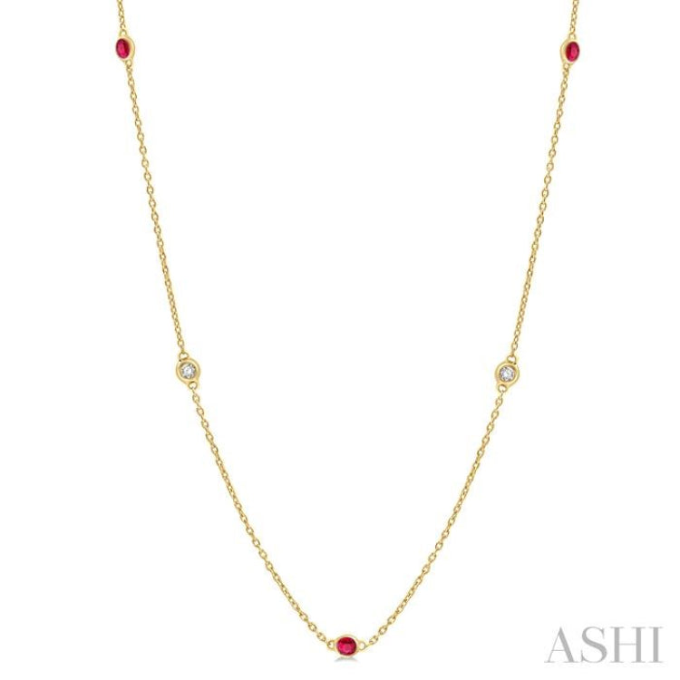 2.25 MM Ruby and 1/4 Ctw Round Cut Diamond Precious Station Necklace in 14K Yellow Gold 2.25 MM Ruby and 1/4 Ctw Round Cut Diamond Precious Station Necklace in 14K Yellow Gold